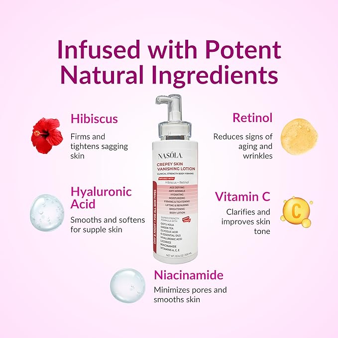 Nasola Crepe Erase Advanced Body Repair Treatment Lotion with Retinol and Hibiscus, Skin Tightening and Lifting Cream Moisturizer for Dry Aging Skin includes Vitamin A, E, C, and Green Tea, 10.14 Oz