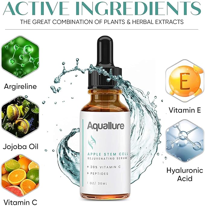 Anti-Aging Skin Care - Aquallure Apple Stem Cell Rejuvenating Serum - Anti Wrinkle Cream - Reduce Fine Lines & Wrinkles - with Peptides & Hyaluronic Acid (Bundle) (1 oz Each) (2 items)