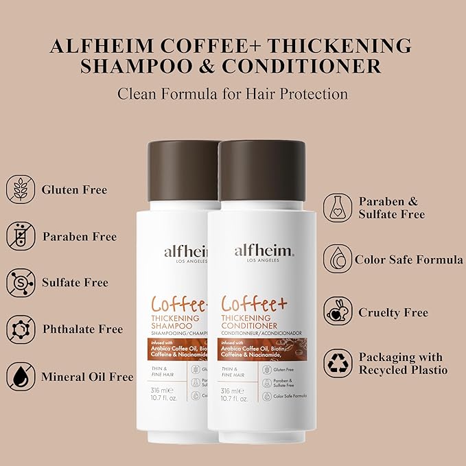 Alfheim Caffeine Shampoo and Conditioner Set - Strengthens Hair, Biotin, Niacinamide - 10.7 oz Each