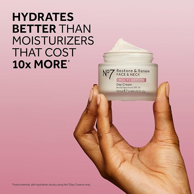No7 Restore & Renew Multi Action Face & Neck Cream - Anti Aging Face Moisturizer with SPF 30 - Helps to Firm & Hydrate Crepey Skin - Formulated with Hyaluronic Acid, Peptides & Ceramides (1.69 Oz)