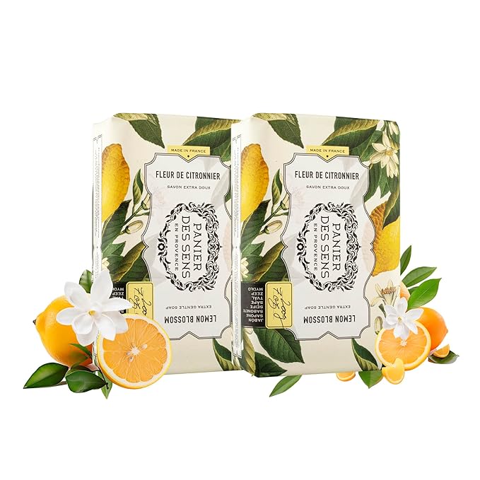 Panier des Sens - Lemon Blossom Shea Butter Bar Soap 2x 7oz/200g - Leaves Skin Moisturized and Fresh - 99% Natural & Enriched with Nourishing Shea Butter - Gentle Cleansing, Lovely Scent, Long Lasting