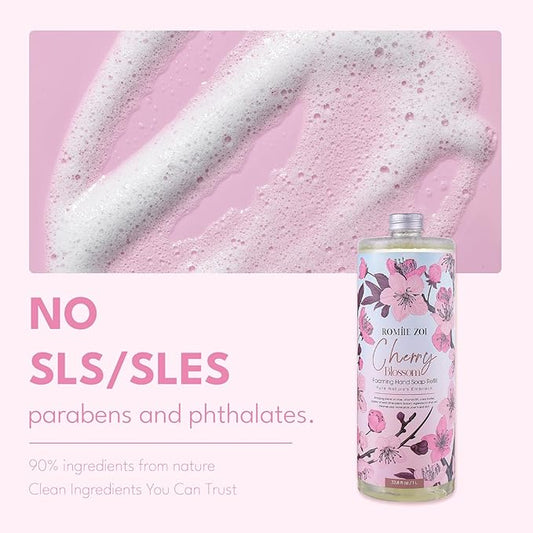 Cherry Blossom Foaming Hand Soap Refill Gift Set – 3 Pack*33.8 Fl Oz with Refillable Dispenser, Refreshing Floral Scent, Moisturizing & Chemical-Free for Bathroom, Kitchen, Sensitive Skin