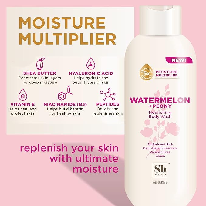 Soapbox Body Wash, Watermelon + Peony Body Wash for Women, Men, Vegan & Antioxidant Rich, Exfoliating, Moisturizing Soap with Shea Butter, Peptides & Keratin Promoting B3, 3 Pack, 20oz Each