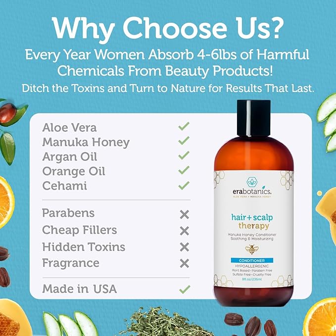 Era Organics Manuka Honey Shampoo & Conditioner - Sulfate-Free Shampoo & Conditioner Set To Moisturize Itchy, Dry Scalp & Damaged Hair - Soothing Aloe Vera & Argan Oil Formula for Women & Men