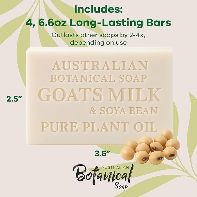 Australian Botanical Soap 6.5 OZ Pack of 4, Goat Milk Soap Bars with Soya Bean Oil, Enriched with Organic Shea Butter, Suitable for All Skin Types