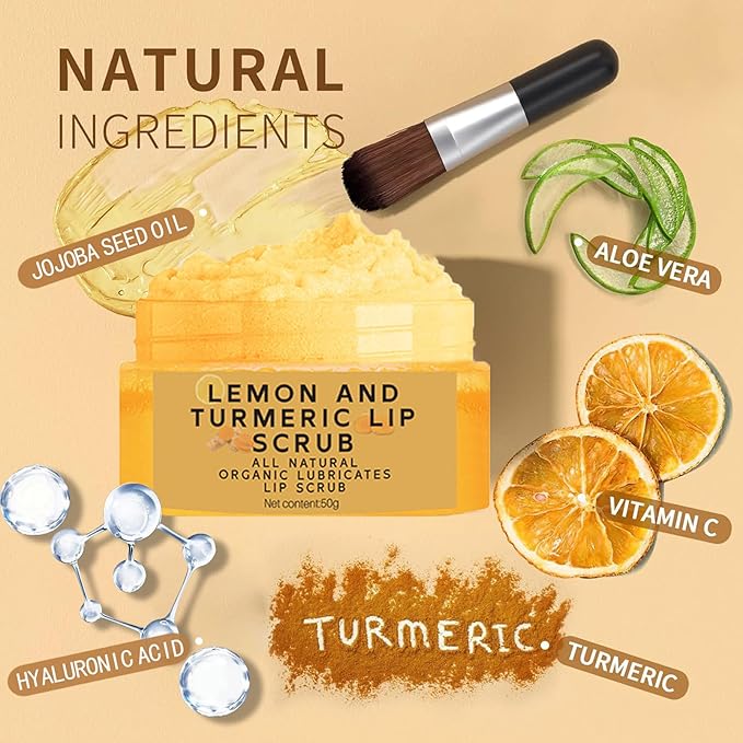 Turmeric Lemon Lip Scrub for Dark Lips with Brush, Turmeric lip Exfoliator with Aloe Vera, lip Scrubber Exfoliator for Dark, Dry, Chapped LiPs, Reduce Fine Lines, Hydrate LIp exfoliator Scrub (1 PCS)