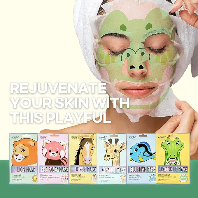 Epielle Animal Character Sheet Masks 6 Pack, Moisturizing & Hydrating Face Mask with Hyaluronic Acid & Fruit Extract, Korean Skin Care, Girls Spa Party Favors, Sleepover, Self Care Gifts for Women
