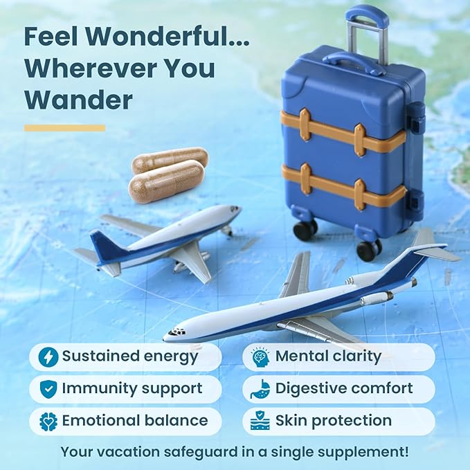 Natural Travel Pills - Traveling Supplement for Jet Lag Relief, Digestion, Immunity, Energy, Sleep, Circulation - Vacation and Long Flight Essentials for Men and Women - 30 Day Supply