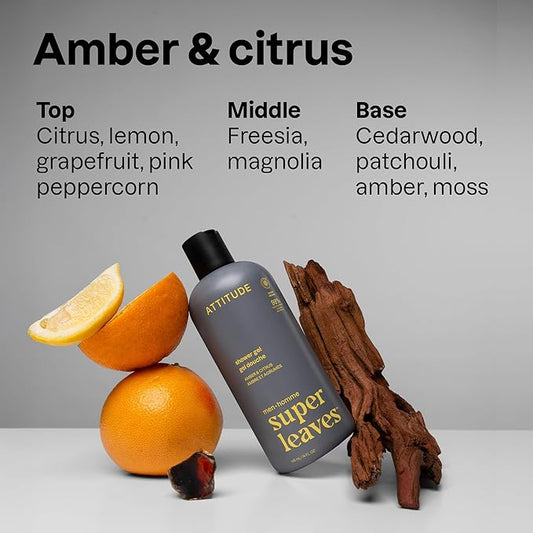 ATTITUDE Shower Gel Body Wash for Men, 98% Natural Origin Ingredients, Paraben & Phthalate Free, EWG Verified, Cleanses Without Drying, Amber & Citrus, 14 Fl Oz