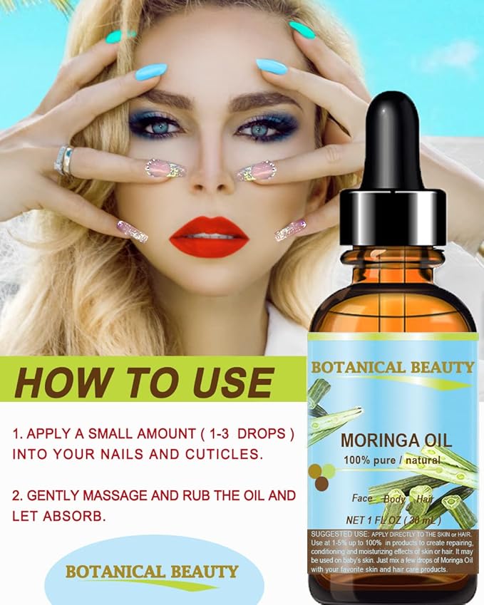 Botanical Beauty Moringa Oil 100% Pure Natural Undiluted Cold Pressed Carrier Oil. 1 Fl.oz.- 30 ml. for Face Skin, Hair, Lips, Nails. Rich in Vitamin C, Vitamin E