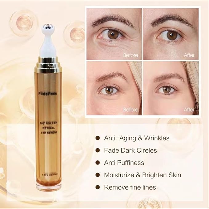 Retinol Eye Cream for Puffiness and Bags Under eyes Treatment Nicotinamide to Repair Fine Lines and Wrinkles Under the Eyes Dark Circles,360° Roller Massage Ball