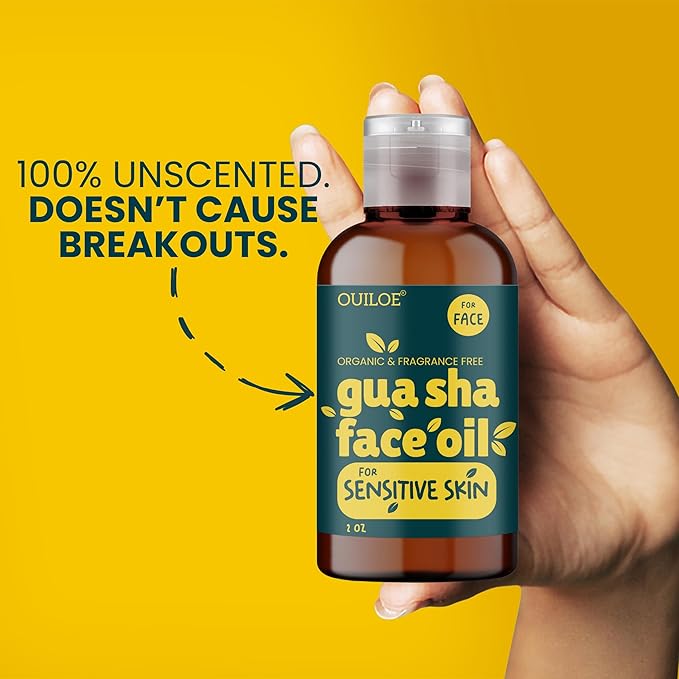 Guasha Oil for Sensitive Skin - Face Oil for Gua Sha Lymphatic Massage - Safe for Acne Prone Skin - Non Comedogenic, Fragrance Free, Organic, Natural & Non Greasy - Use with Gua Sha Facial Tools, 2oz