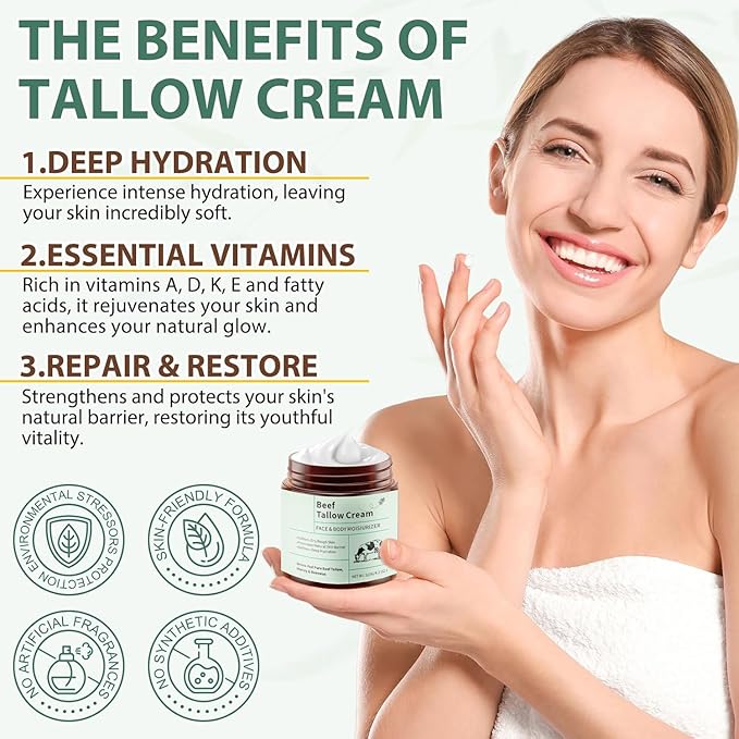 Beef Tallow for Skin – Whipped Tallow and Honey Balm with Grass-Fed Beef Tallow – Organic Daily Tallow Face Moisturizer & Body Balm – Deep Nourishment for Sensitive Skin - 4.2 Oz