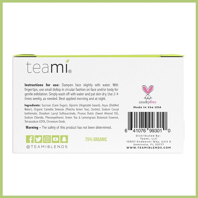Teami Matcha Green Tea Facial Scrub For Hydrating, Moisturizing, and Exfoliating, Natural Exfoliating Body & Organic Face Exfoliator Sugar Scrub with Lemongrass, Non-Greasy Face Exfoliant