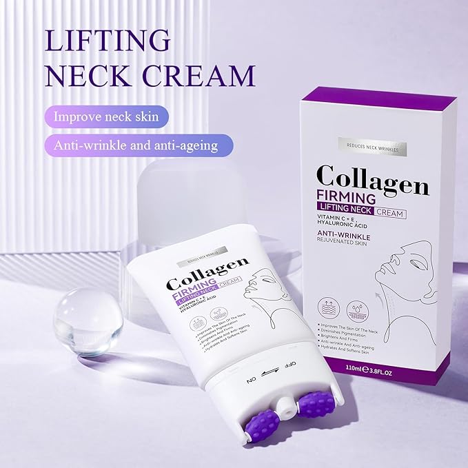 2Pcs Neck Collagen Cream with Roller,Lift Neck Firming Cream, for Tightening and Firming Sagging Skin, Moisturizing Body Cream Reduces the Look of Fine Lines and Wrinkles