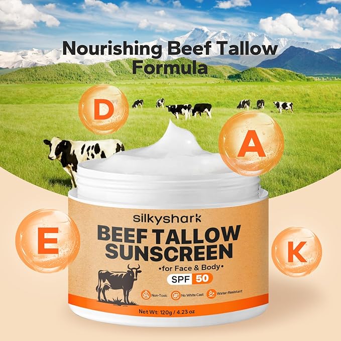 Beef Tallow Sunscreen (4.2 Oz), Tallow Sun Screen Waterproof, Reef Safe Sunscreen SPF 50, Travel Size Moisturizing Sunblock for Face & Body, Natural SunScreens, Non-Greasy & Fragrance-Free