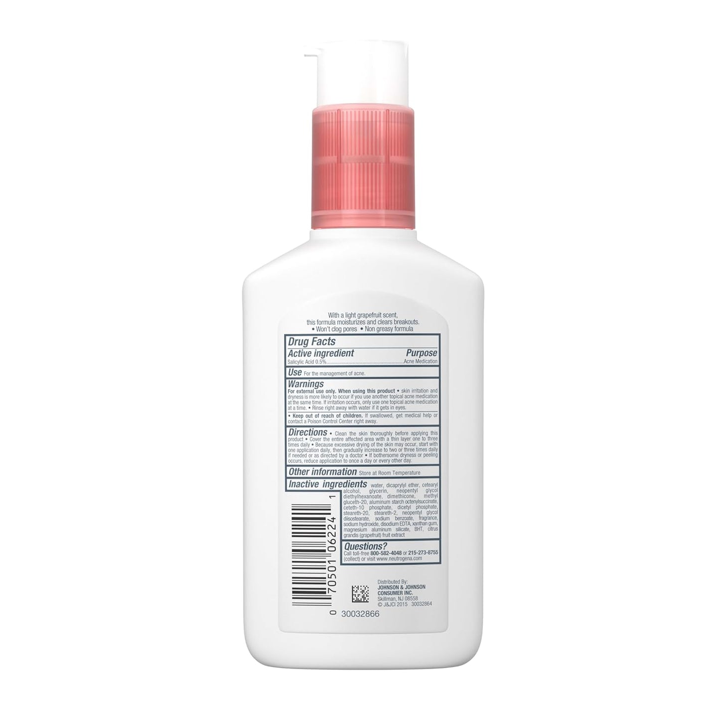 Oil-Free Acne Moisturizer with 0.5% Salicylic Acid β Pink Grapefruit Face Lotion for Acne-Prone Skin, Non-Greasy & Non-Comedogenic, 4 Fl. Oz