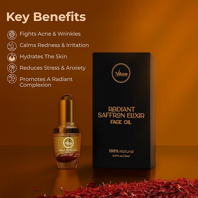 MY ACE Radiant Saffron Elixir Face Oil | Dermatologist Approved | Pure Saffron Threads & Vitamin E, Natural Glow Booster, Brightening & Nourishing Serum for Skin & Hair, 0.67 fl oz (Pack of 1)
