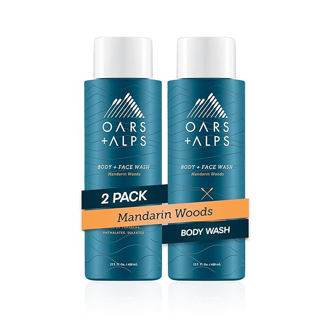 Oars + Alps Mens Moisturizing Body and Face Wash, Skin Care Infused with Vitamin E and Antioxidants, Sulfate Free, Mandarin Woods, 13.5oz, 2 Pack