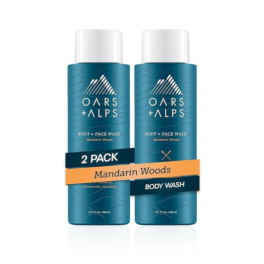 Oars + Alps Mens Moisturizing Body and Face Wash, Skin Care Infused with Vitamin E and Antioxidants, Sulfate Free, Mandarin Woods, 13.5oz, 2 Pack