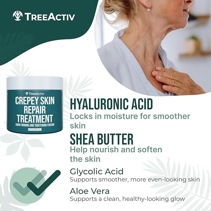 TreeActiv Crepey Skin Repair Treatment, 8oz, Firming Cream with Hyaluronic Acid & Shea Butter to Deeply Moisturize & Tighten Wrinkly Dry Crepe Skin, 500+ Uses