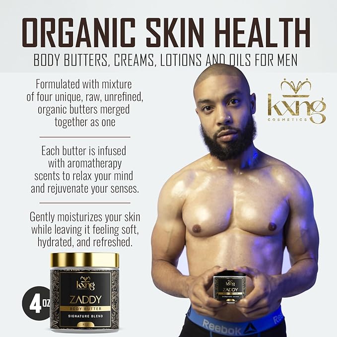 KXNG Cosmetics, Body Butter, Organic Skin Care for Men and Women, Body Moisturizer Lotions and Creams, Raw Shea Butter, Cocoa Butter, Mango, Coconut Oil, Hand, Foot, All Skin Types (Zaddy)