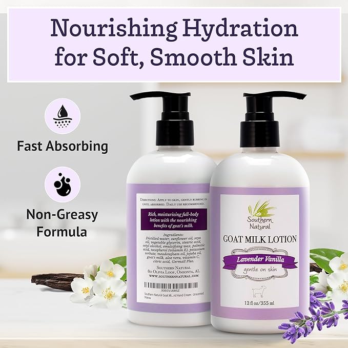 Southern Natural Goat Milk Lotion – Nourishing Face, Body & Hand Moisturizer for Dry & Sensitive Skin - Hydrating Cream, Gentle Skincare for Soft & Smooth Feel - Lavender Vanilla Scent - 12oz