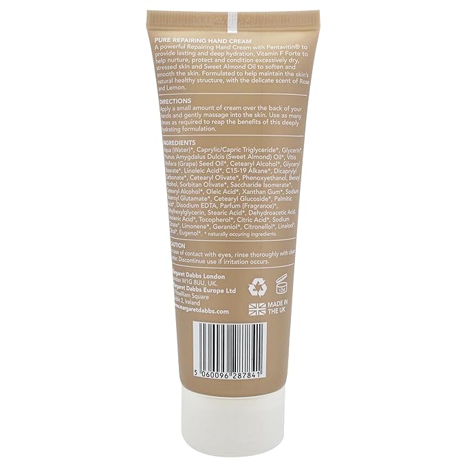Margaret Dabbs London Pure Repairing Hand Cream Deep, Lasting Hydration for Very Dry Skin, Rose and Lemon Scented 75ml