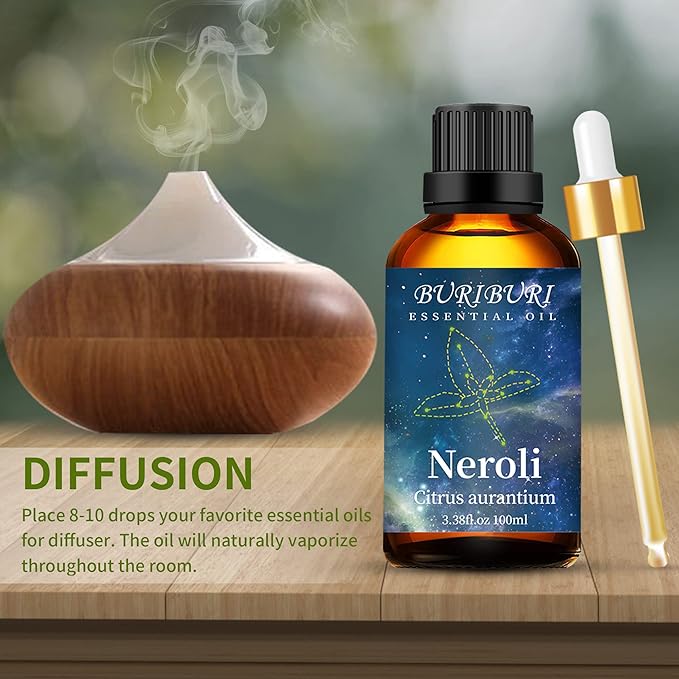 BURIBURI 100ML Neroli Essential Oil Gifts Set, 100% Pure Orange Blossom Oils Undiluted Aromatherapy Neroli Oil 3.38fl.oz for Soap, Candle Making, Massage, Diffuser, Humidifier