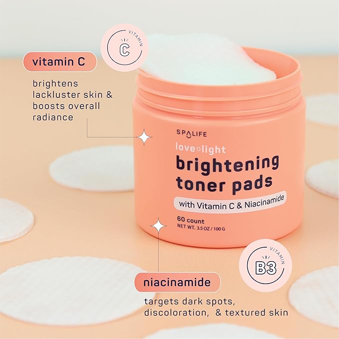 SpaLife Love & Light Radiating Toner Pads – for Uneven Skin Tone, Dark Spots & Discoloration, Clogged Pores, Dullness with Vitamin C, Niacinamide – Toner Pad for Face, Pre-Soaked Pads