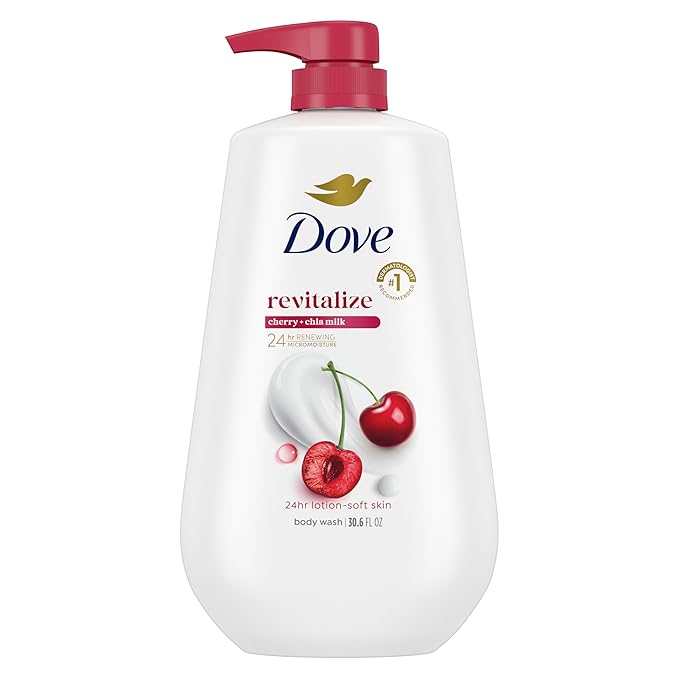 Dove Body Wash with Pump Revitalizante Cherry & Chia Milk, for Renewed, Healthy Looking Skin, Moisturizing Gentle Skin Cleanser with 24hr Renewing MicroMoisture, 30.6 oz