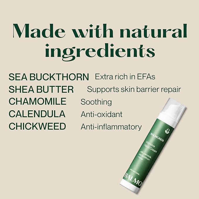 Balmonds - Intensive Hand Cream - 3.5oz. (100ml) - 100% Natural Hand Lotion For Dry Hands - Fragrance Free - Vegan & Cruelty Free - All Skin Types