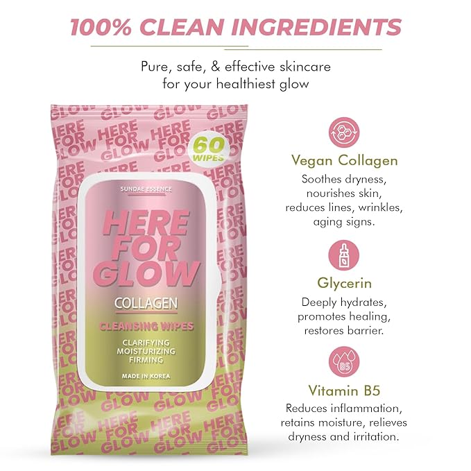 Collagen Facial Wipes - Dermatologist-Tested, Korean Skin Care, Hydrating & Firming Face Wipes for Cleansing & Refreshing - Gentle, Vegan, 95% Natural - 1 Pack