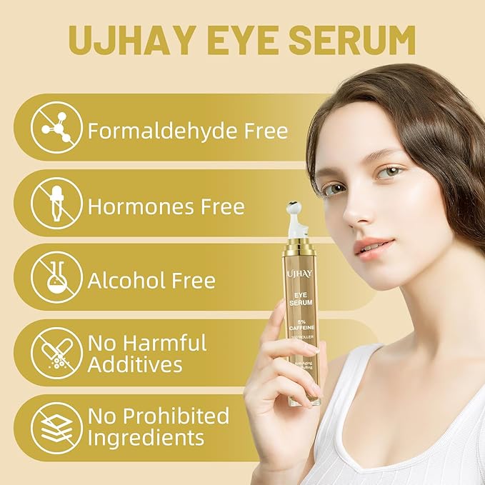 5% Caffeine Eye Cream, Under Eye Serum for Dark Circles, Puffiness & Wrinkles Fine Lines, Eye Roller Serum with 360° Massage Ball, Eye Treatment Balm for Men & Women