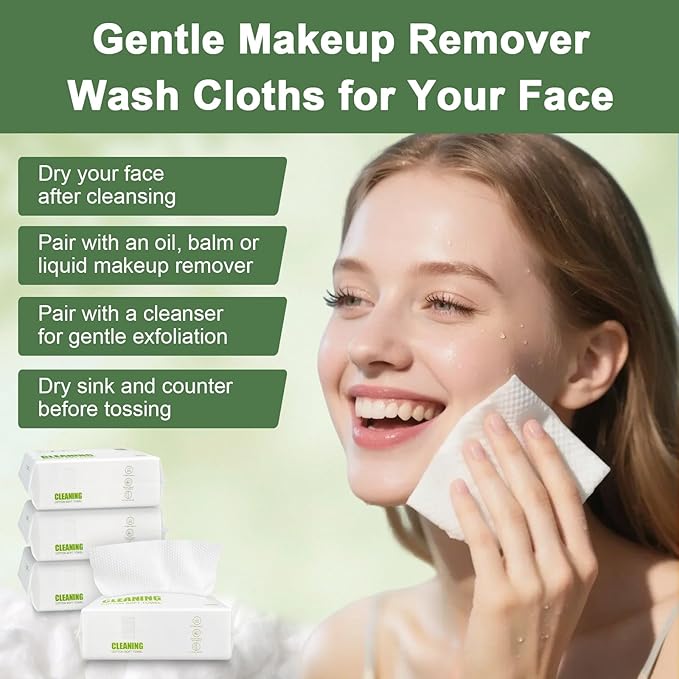 Disposable Face Towels – 60 Count Biodegradable Facial Cleansing Cloths – Lint-Free, Unscented, Extra Thick Soft Towelettes for Sensitive Skin & Makeup Removal