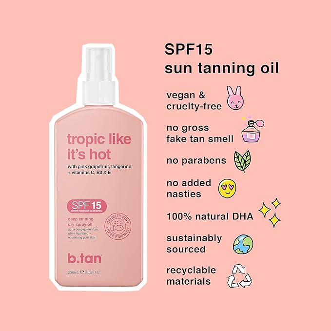 b.tan SPF 15 Deep Tanning Oil Dry Spray | Tropic Like It's Hot - Best, Best Outdoor Bronzing Mist, Moisturizing Grapefruit, Tangerine, Vitamins C, B3, & A, Austrailian Brand, 8 Fl Oz