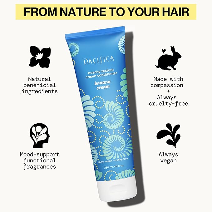 Pacifica Banana Cream Beachy Texture Conditioner – Texturizing Hair Treatment for Natural Beachy Waves, Hydrates & Adds Tousled Body, for All Hair Types Clean Beauty Vegan & Cruelty-Free, 8 Fl Oz