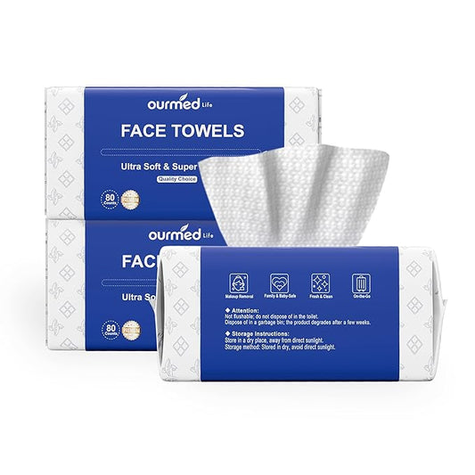Ourmed Life Face Towels, Thicker Disposable Biodegradable Clean Face Wipes for Sensitive Skin, Lint- free Face Cloths for Makeup Remover, Skincare and Women Cleaning, Dry Wipes, 240 Count Dot Texture