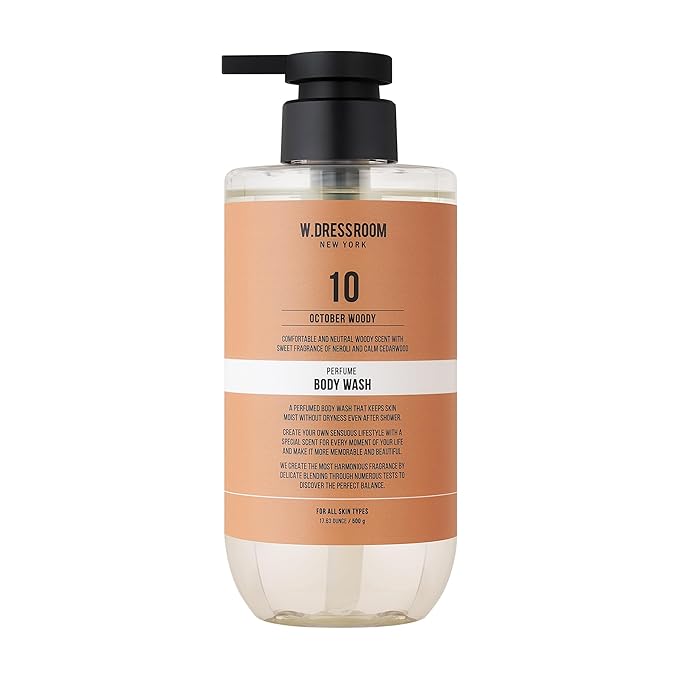 W.Dressroom Perfume Body Wash, Moisturizing Cleanser with Refreshing Scent, Gentle Hydrating Shower Gel, Korean Skincare, No.10 October Woody Scent, 16.9 fl oz (500 ml)