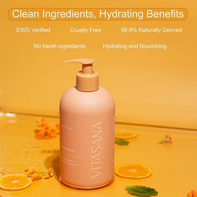 Vitasana Natural Body Wash for Sensitive Skin, 16 oz – Mandarin Orange Scent, 98.9% Plant‑Derived, EWG Verified, Hypoallergenic, Paraben‑Free, Sulfate‑Free, Cruelty‑Free