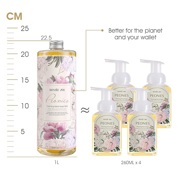 Foaming Hand Soap Refills 3-Pack (33.8 Fl Oz x 3) with Refilable Dispenser Peony Scented–Chemical-Free for Sensitive Skin, Bulk Refill Bottles for Bathroom & Kitchen Use
