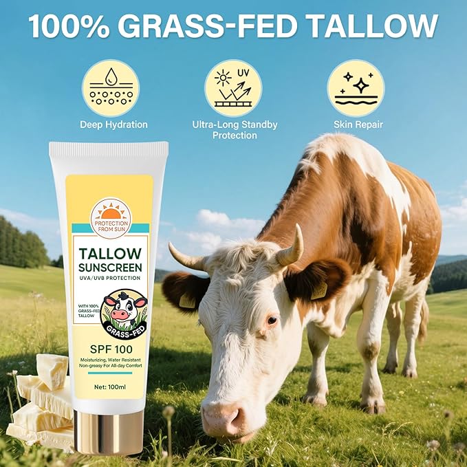 Beef Tallow Sunscreen, Sunscreen for Face, Natural Reef Safe Body Beef Tallow Sunblock, Non Greasy Clean Travel Sun Screen Sunblock, 100ML