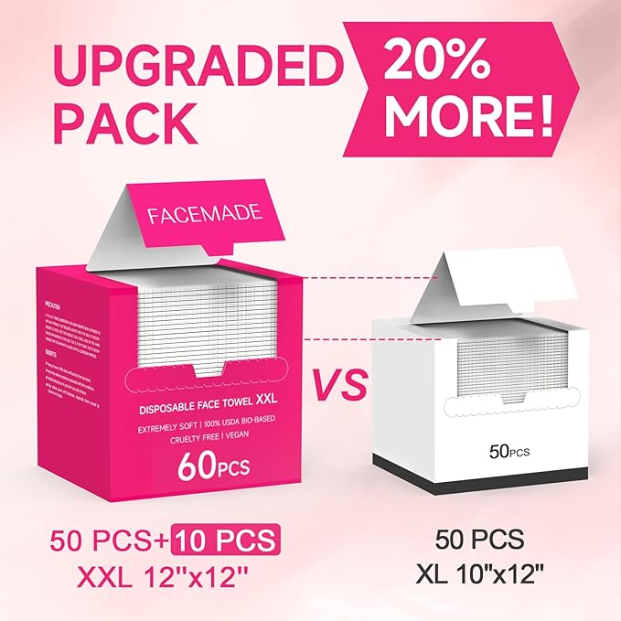 60 Count XXL Disposable Face Towels 12" × 12", 100% USDA Biobased Face Towelettes Disposable, Clean Facial Towels for Makeup and Clean Skin, Super Soft and Thick Dry Wipes Club