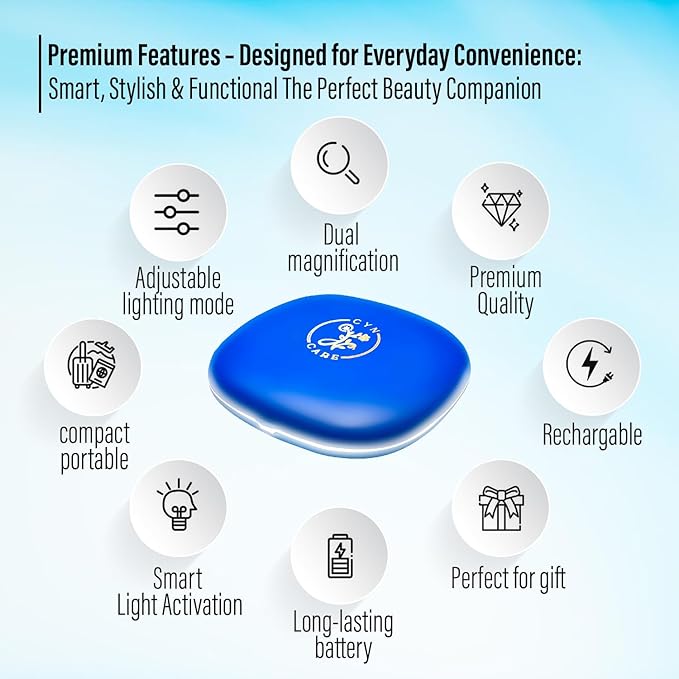 LED Compact Mirror – 1x & 10x Magnification | Travel Makeup Mirror with Adjustable Lighting | Handheld & Pocket-Sized Portable Mirror with Protective Pouch (Blue)