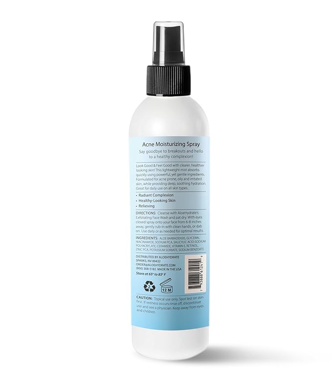 Acne Moisturizing Face Spray. Anti-Acne Face Mist of Aloe vera with Salicylic Acid, Retinol, Zinc, Niacinamide & Ceramide. Clean Hydrating Treatment for Breakouts & Sensitive Skin. Won't Clog Pores.