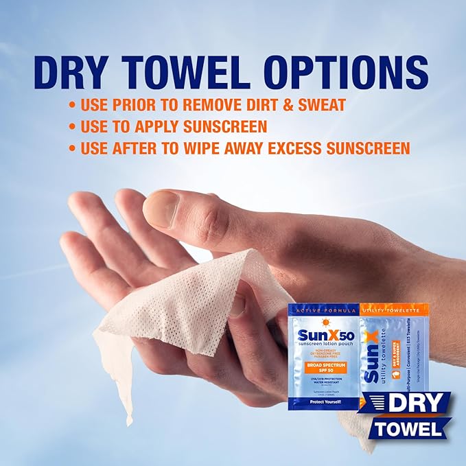 CoreTex Sun X 50 Broad Spectrum Sunscreen Packets & Dry Towels Duo Kit - Pack of 100 Paraben, Oxybenzone, Octinoxate, & Oil Free Sunscreen - No White Cast and Water & Sweat Resistant Up to 80 Minutes