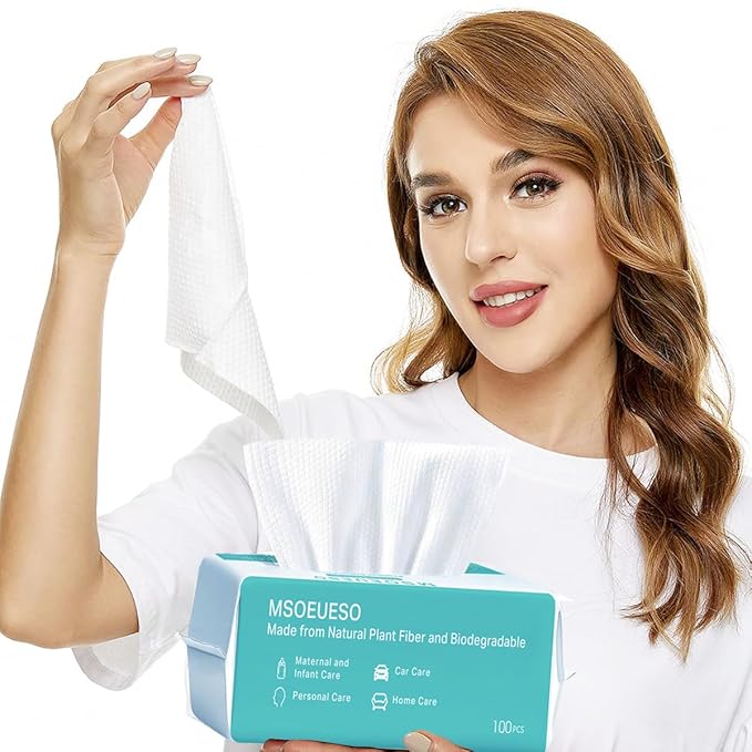 MSOEUESO Soft Dry Wipes Cotton Facial Tissues, 100 Count Disposable Face Towels, Cotton Face Towel for Sensitive Skin, Facial Cleansing, Makeup Removing, Surface Cleaning