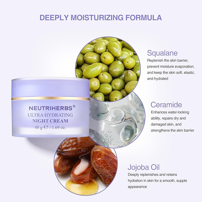 Neutriherbs Ultra Hydrating Night Cream, Face Moisturizer with Jojoba Oil, Ceramide, Squalane, Overnight Face Cream for Dry,Dehydrated Skin,Deep Nourish Hydrated Skin - 1.69oz