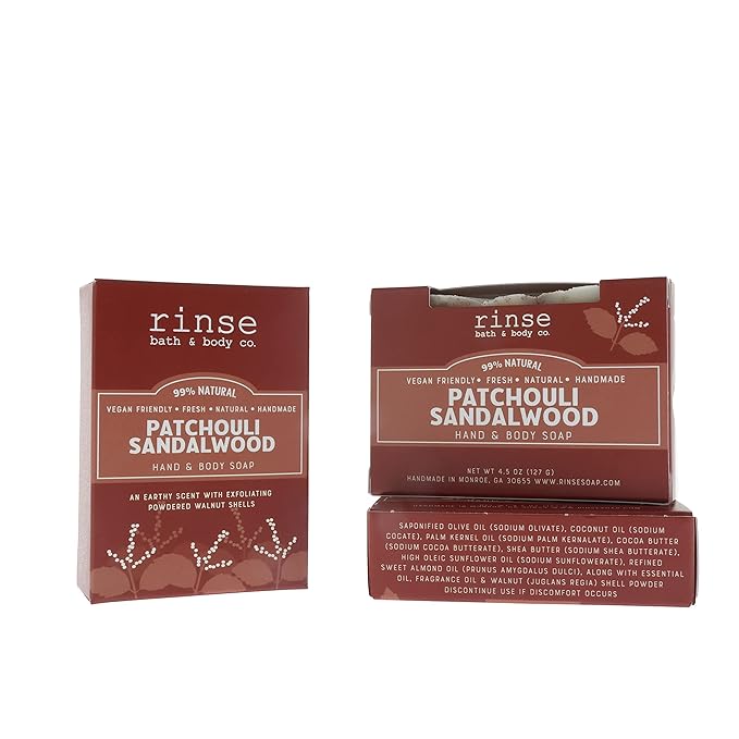 Rinse Bath & Body Patchouli and Sandalwood Soap - Handmade Castile Patchouli Soap w/Essential Oils | Moisturizing & Cleansing | Shea & Cocoa Butter with Sweet Almond Oil | Natural | Vegan | 4.25oz