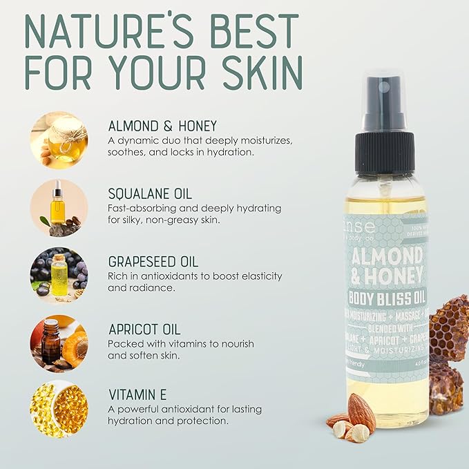 Rinse Bath & Body Almond & Honey Body Oil Moisturizer Spray - Natural, Light & Fast Absorbing | Squalane, Grapeseed & Apricot Oil | All Skin Types | Shower & Massage | Vitamin E | Handmade | 4floz